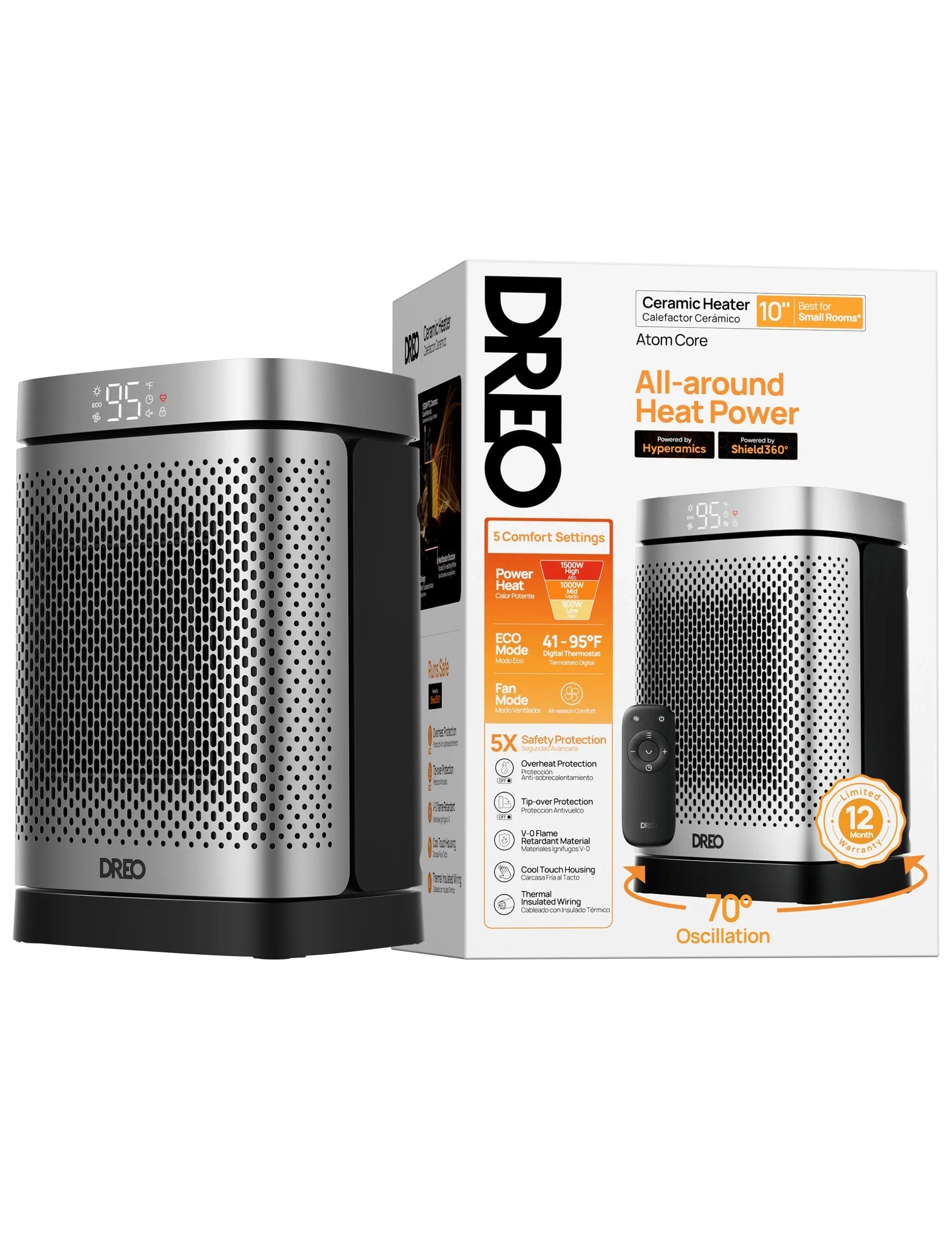 DREO Atom Core Oscillating Tabletop Space Heater with Remote